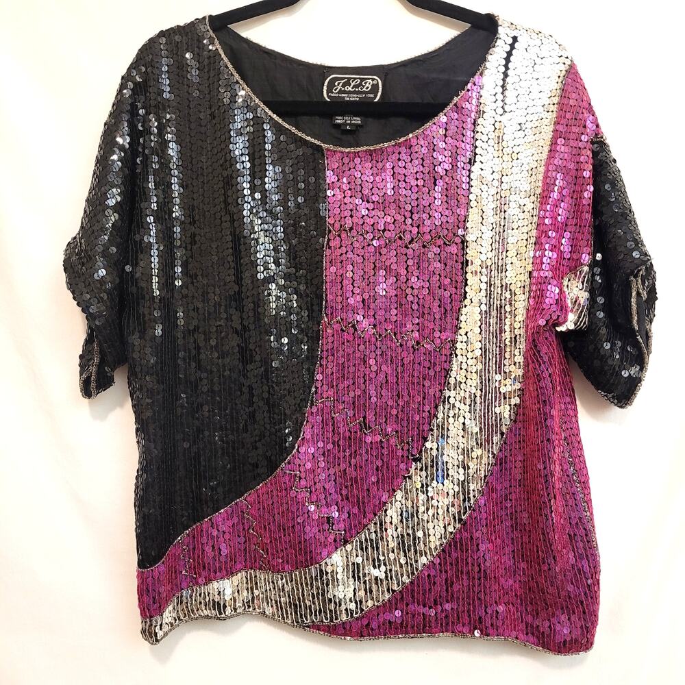 JLB Paris Black Pink Silver Sequin Silk Top Short Sleeve Party Glam Large